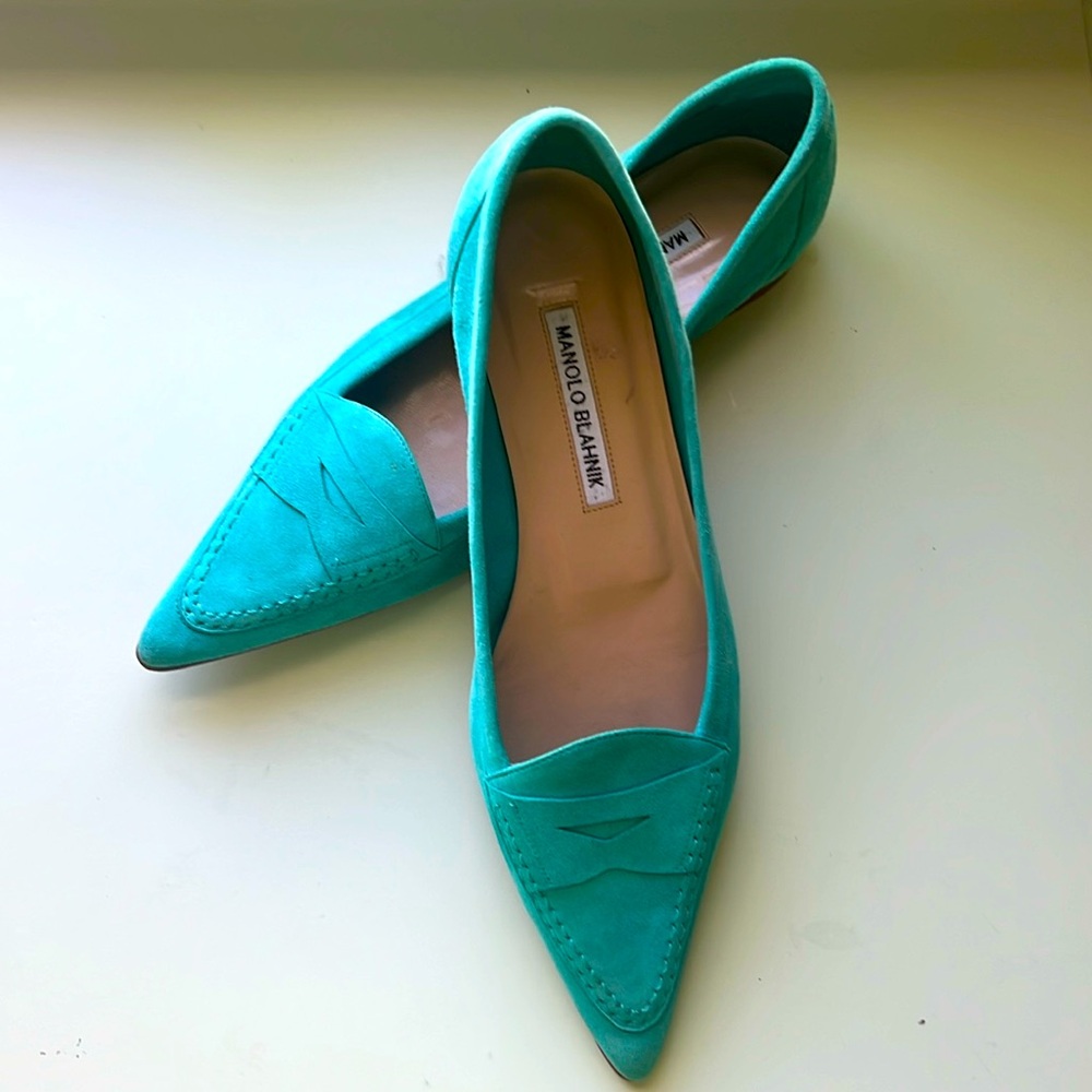 Manolo Blahnik Suede Pointed-Toe Penny Loafers